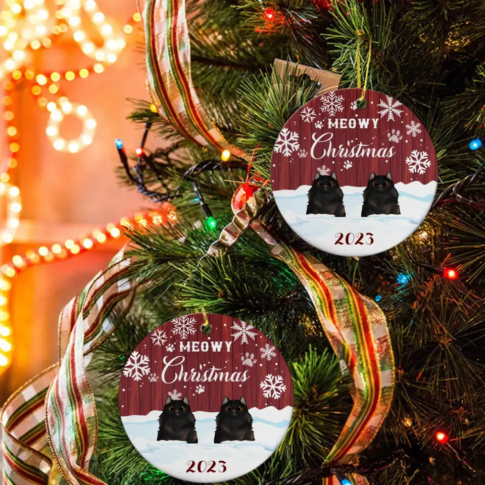 Personalized Custom Circle Ceramic Christmas Ornament For Cat Lovers - Meowy Christmas