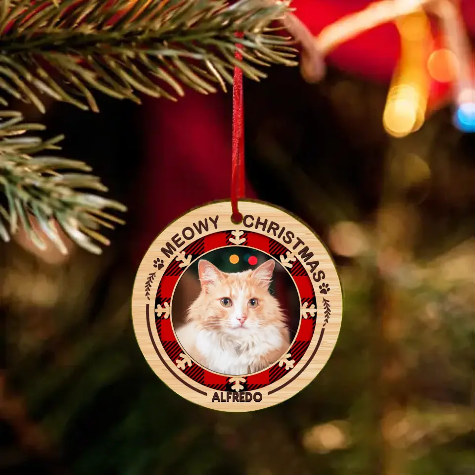 Merry Woofmas Meowy Christmas - Personalized Custom Round Shaped Wood Photo Christmas Ornament -  Gift For Pet Lovers