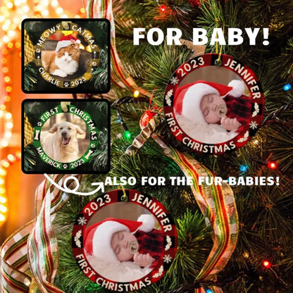 Custom Photo First Christmas - Dog & Cat & Baby Personalized Custom Ceramic Ornament - Christmas Gift For Family