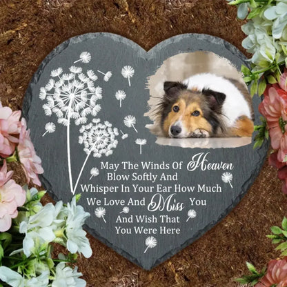 Custom Photo Personalized Heart Memorial Stone - May The Winds Of Heaven Blow Softly - Gift For Family, Friends, Dog Cat Lovers